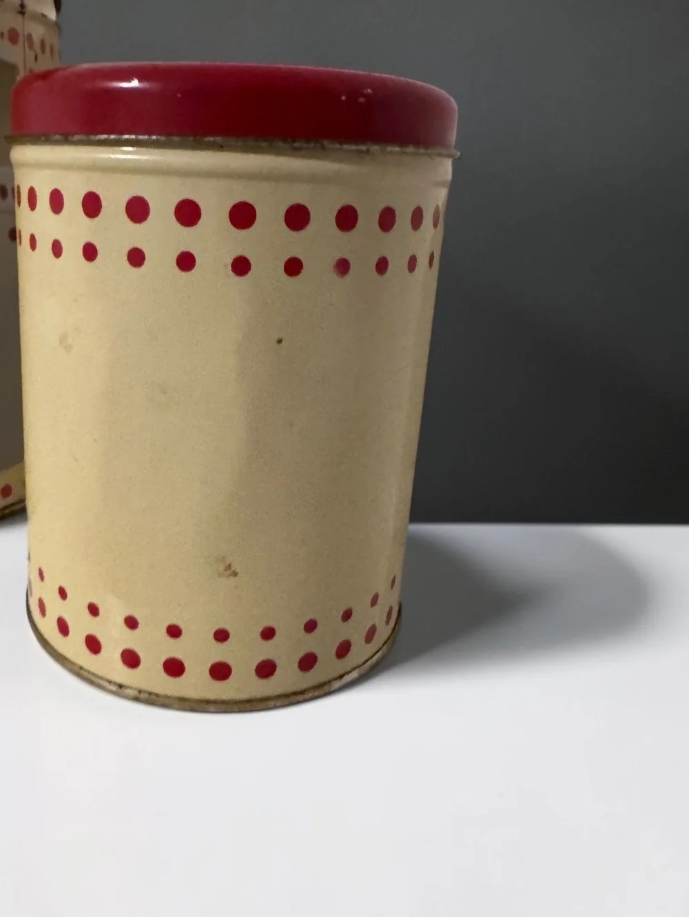 Vintage 1950s Tin Canister Set of 2 Cream Red Polka Dot Nesting Kitchen